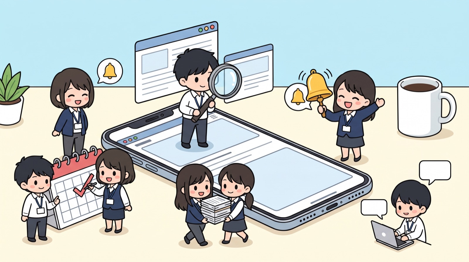 机の上のスマホのまわりで、手のひらサイズの小さな会社員たちが、ページを虫めがねで確認し、ベルで通知し、カレンダーに印をつけ、書類を運び、チャットに返信している。