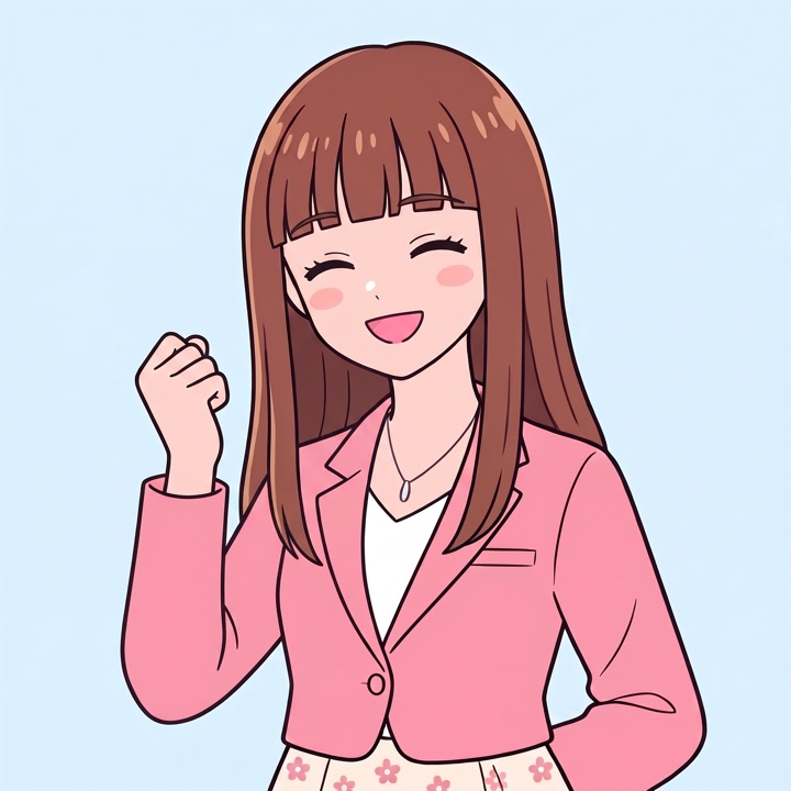 笑顔で小さくガッツポーズをする月岡ひなた