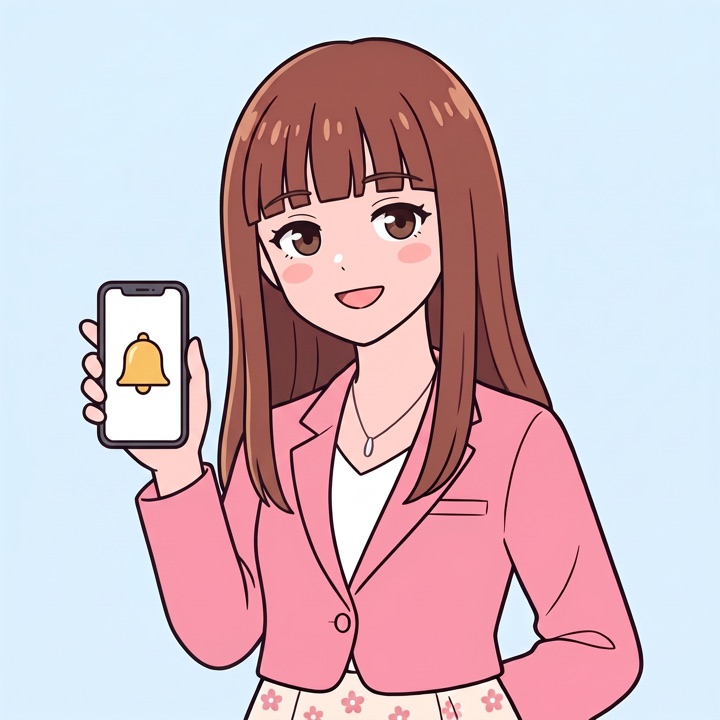 通知のベルが表示されたスマホを見せる月岡ひなた