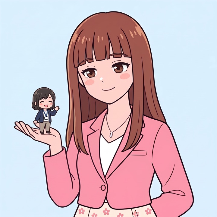 手のひらに小さなAI社員を乗せた月岡ひなた